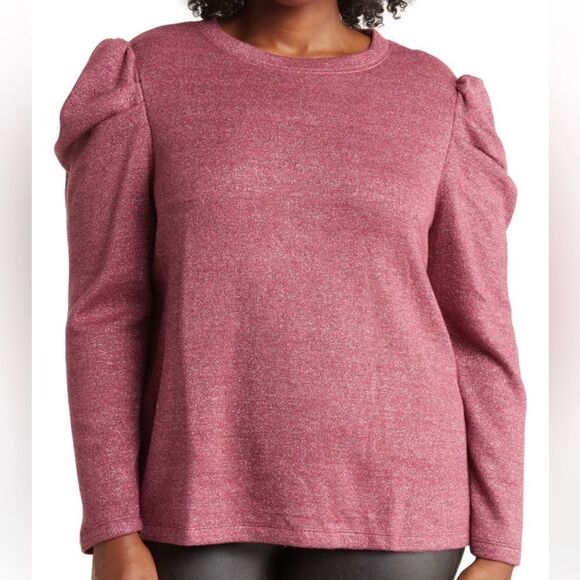 CeCe Puff Sleeve Knit Sweater Top Metallic Napa Wine Pink Plus 1X - Picture 4 of 10